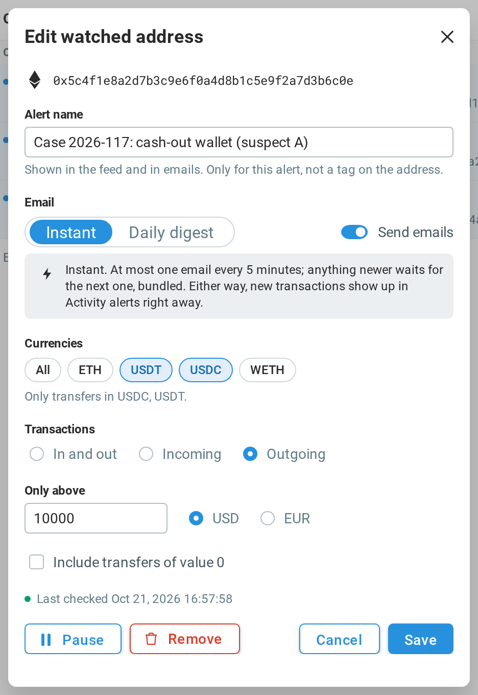 The alert dialog: the alert name Case 2026-117: cash-out wallet (suspect A), instant email, USDT and USDC only, outgoing only, above 10,000 USD