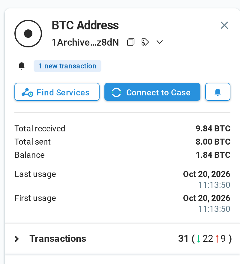 The address from Figure 1 in Pathfinder, now watched: its details panel shows the row 1 new transaction