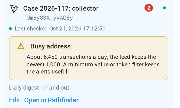 The watched-address list with an expanded row: a warning Busy address, about 6,450 transactions a day, the feed keeps the newest 1,000
