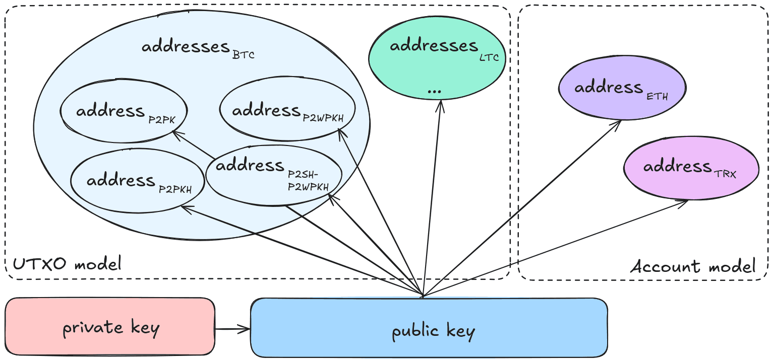 Diagram showing one public key deriving multiple Bitcoin address types as well as Litecoin, Ethereum, and Tron addresses