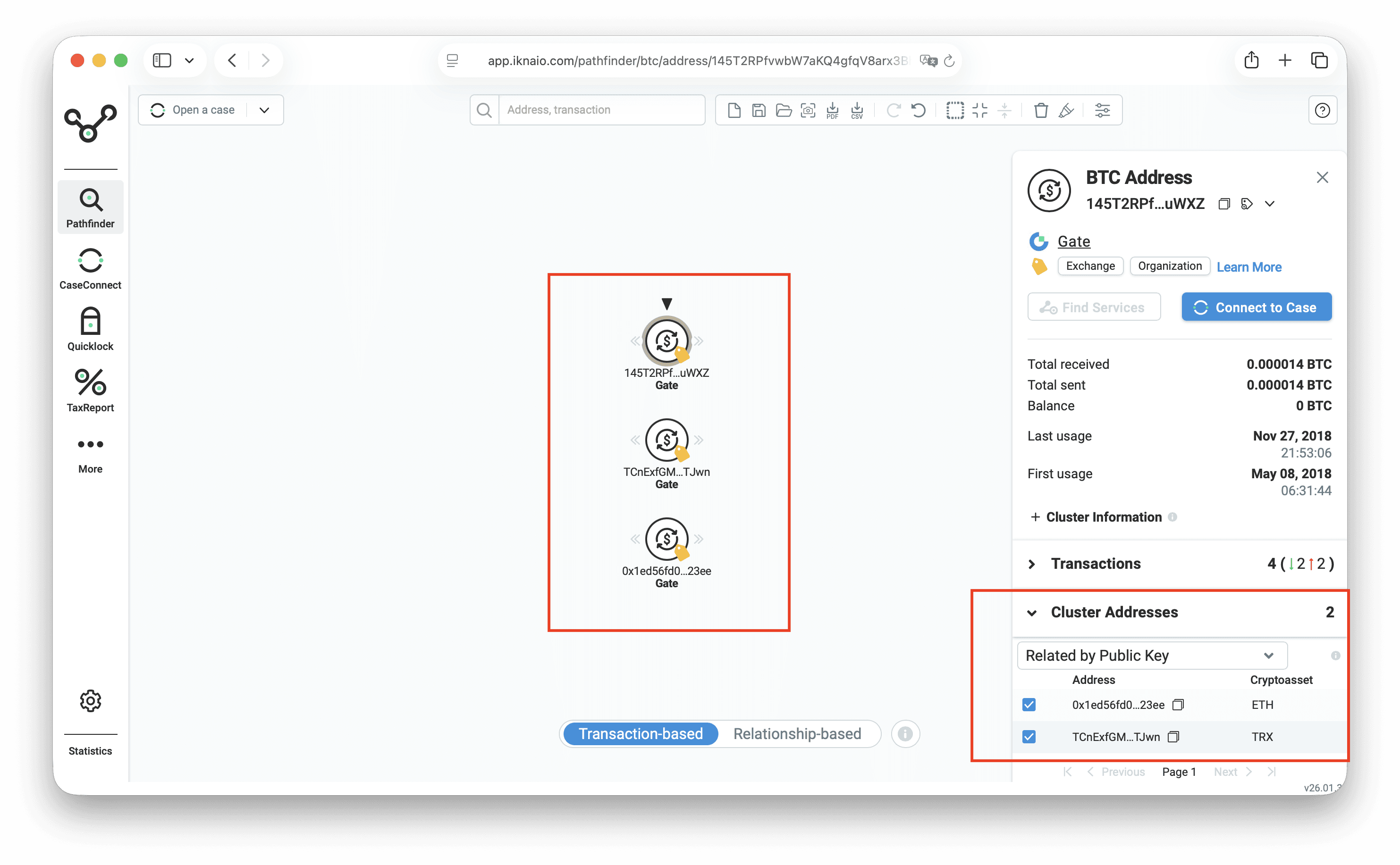 Pathfinder screenshot of a Bitcoin exchange address with cluster addresses related by public key on Ethereum and Tron