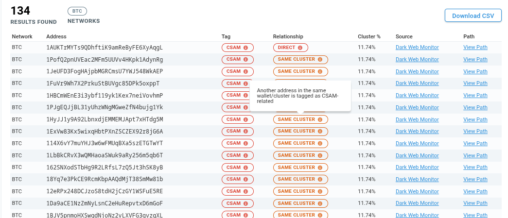 Results table with one row per match, showing the relationship, the tag, its source, and a link back into the graph