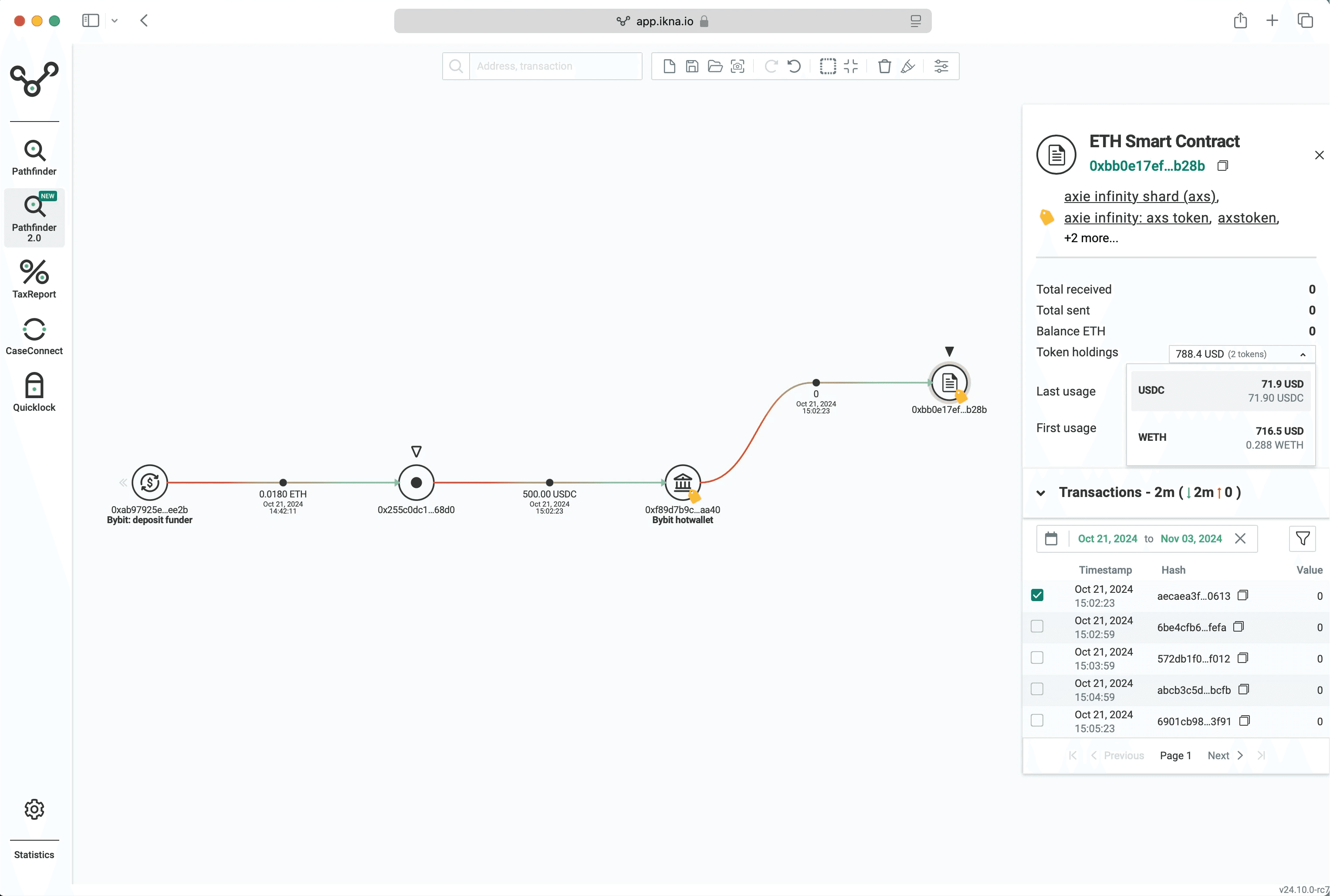 Pathfinder showing an Ethereum smart-contract transaction trace.